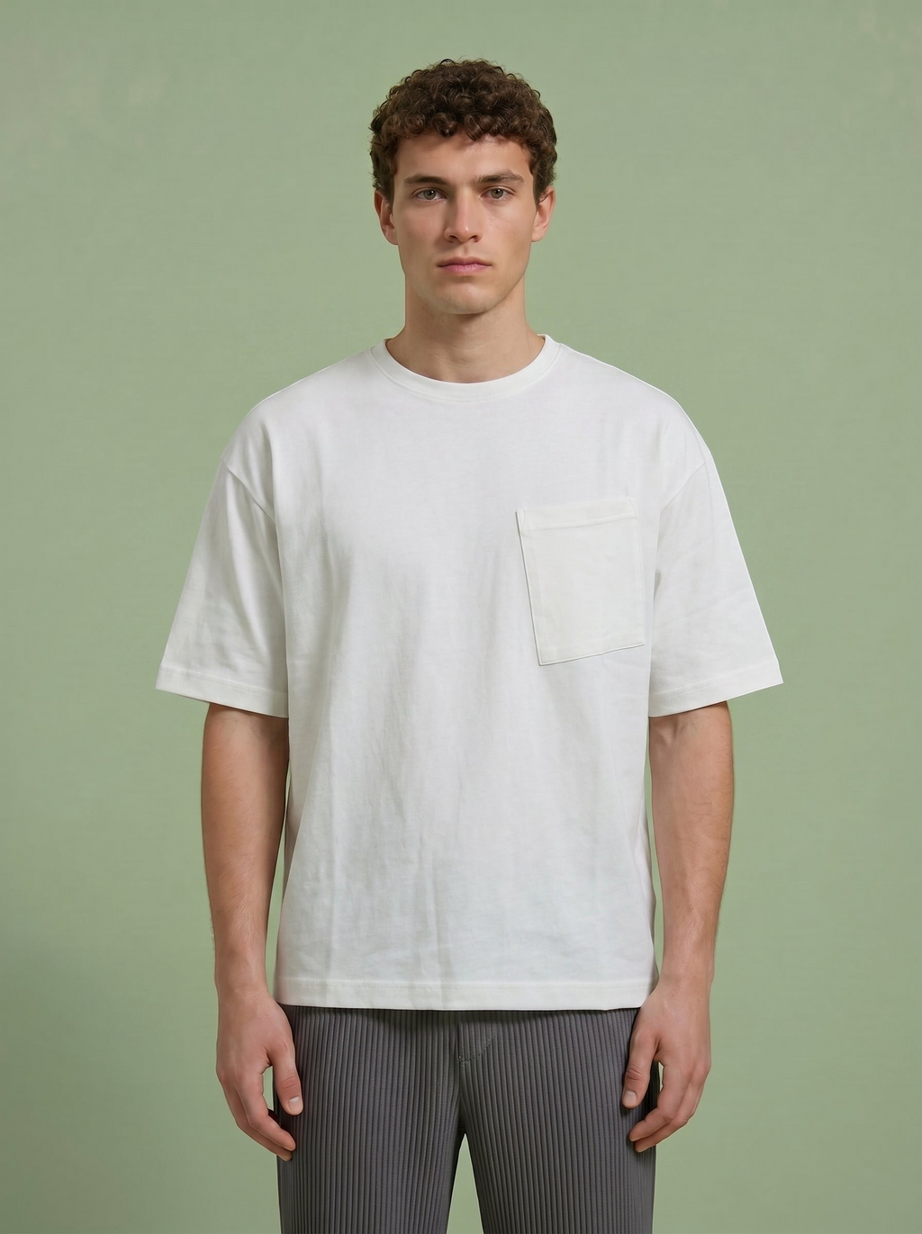 Hilos Apparel white oversized cotton blend t-shirt with crewneck and chest pocket. Model is wearing grey pleated pants.